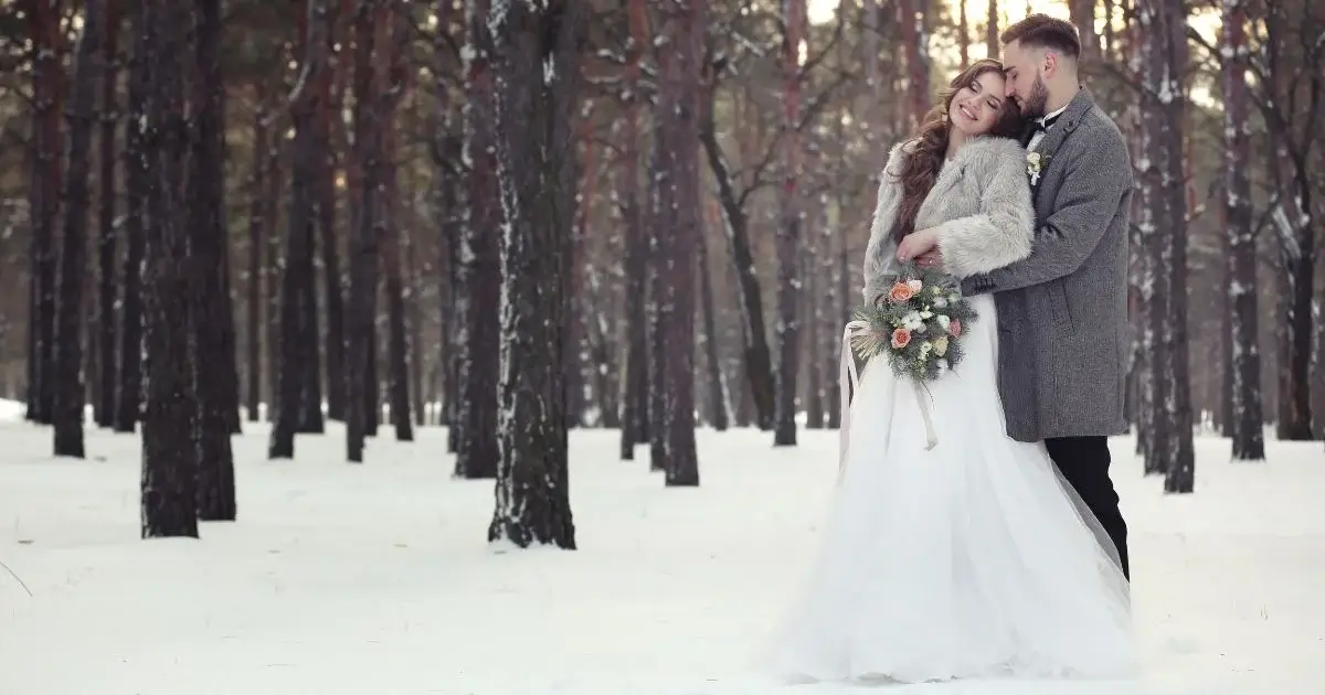 Bride and groom winter wedding portrait